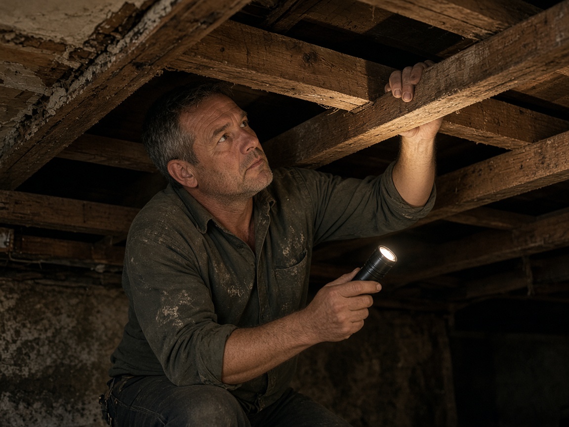 Victor Rodrigues inspecting floor joists