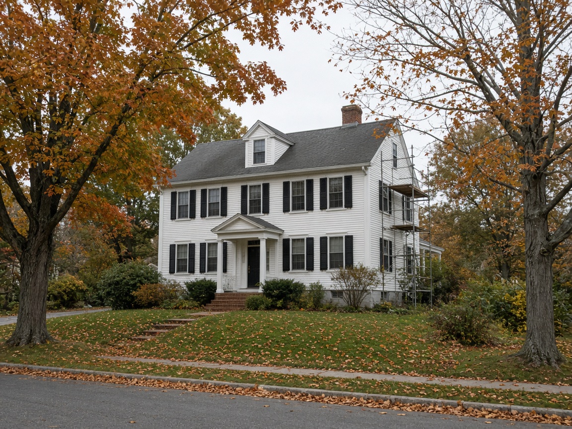 Colonial gable with restoration scaffolding